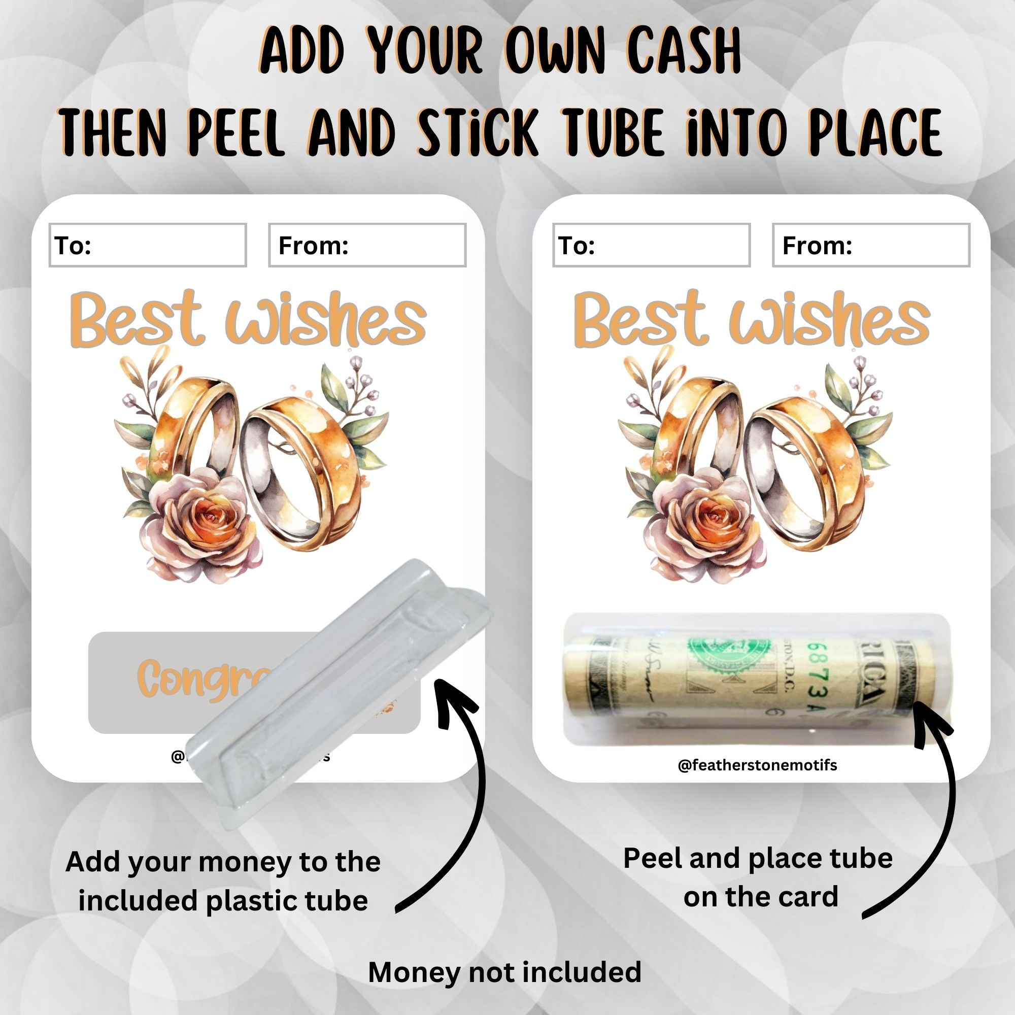 This image shows how to attach the money tube to the Best Wishes Gold Rings Money Card Kit.