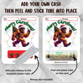 Load image into Gallery viewer, This image shows how to attach the money tube to the Bigfoot Santa Money Card.
