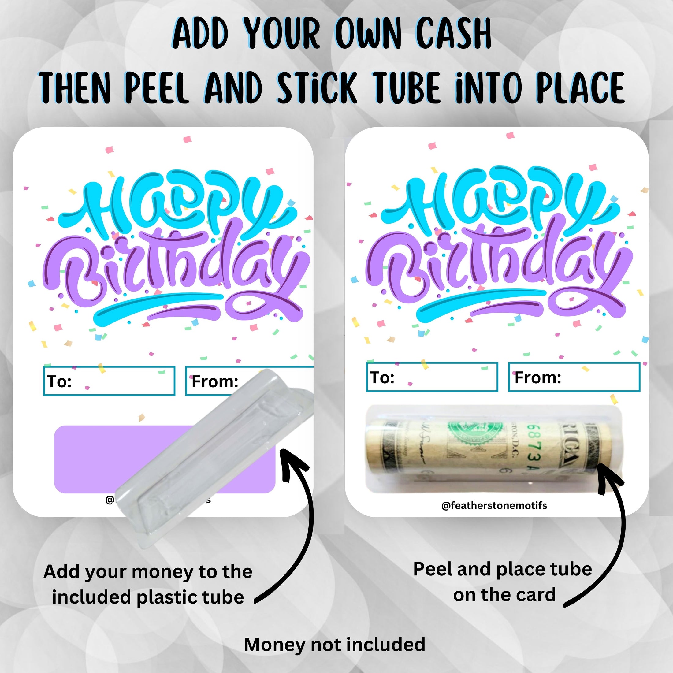 This image shows how to attach the money tube to the Birthday Confetti money card.