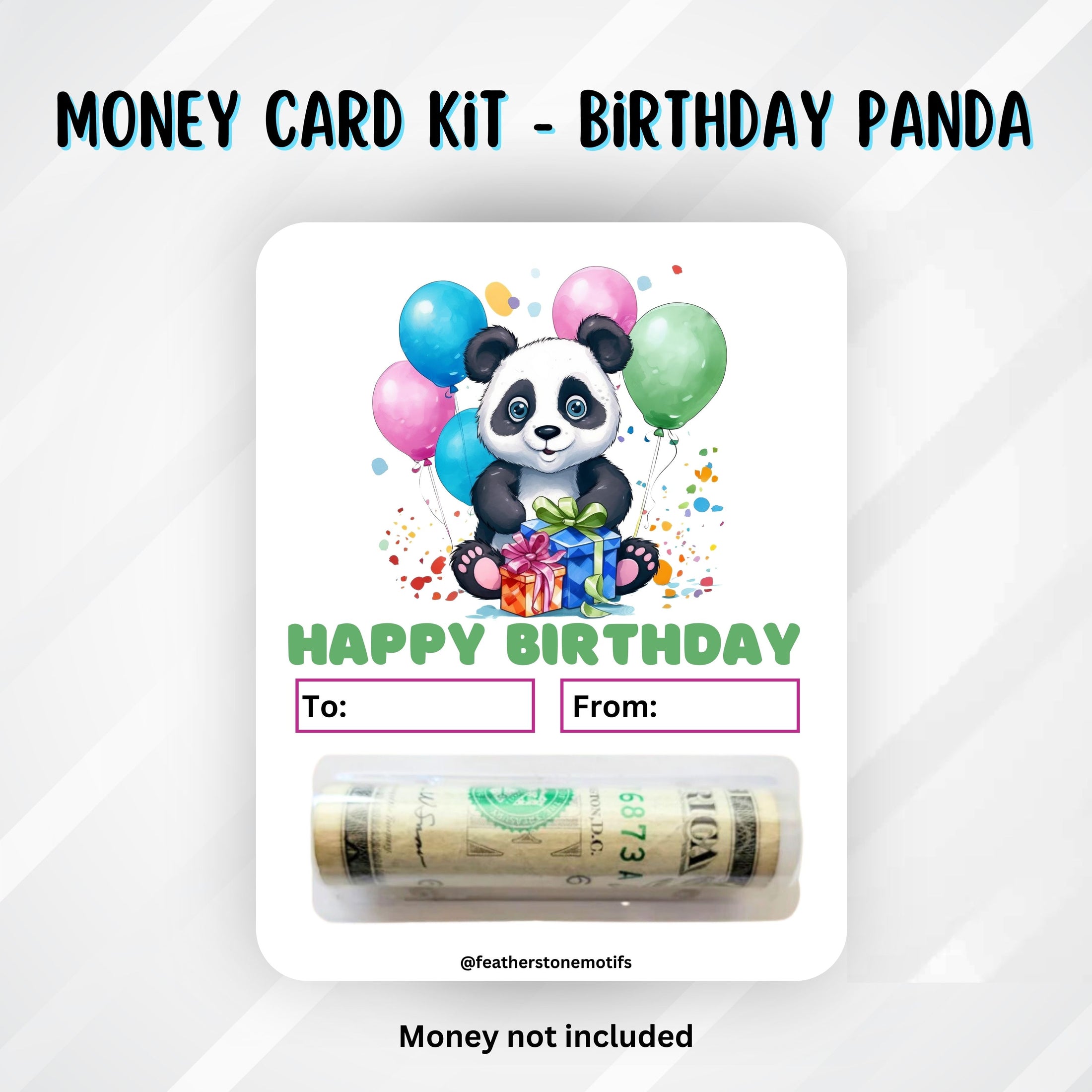 This image shows the money tube attached to the Panda Birthday Money Card.