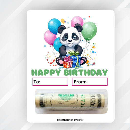 This image shows the money tube attached to the Panda Birthday Money Card.