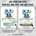 Load image into Gallery viewer, This image shows how to attach the money tube to the Panda Birthday Money Card.
