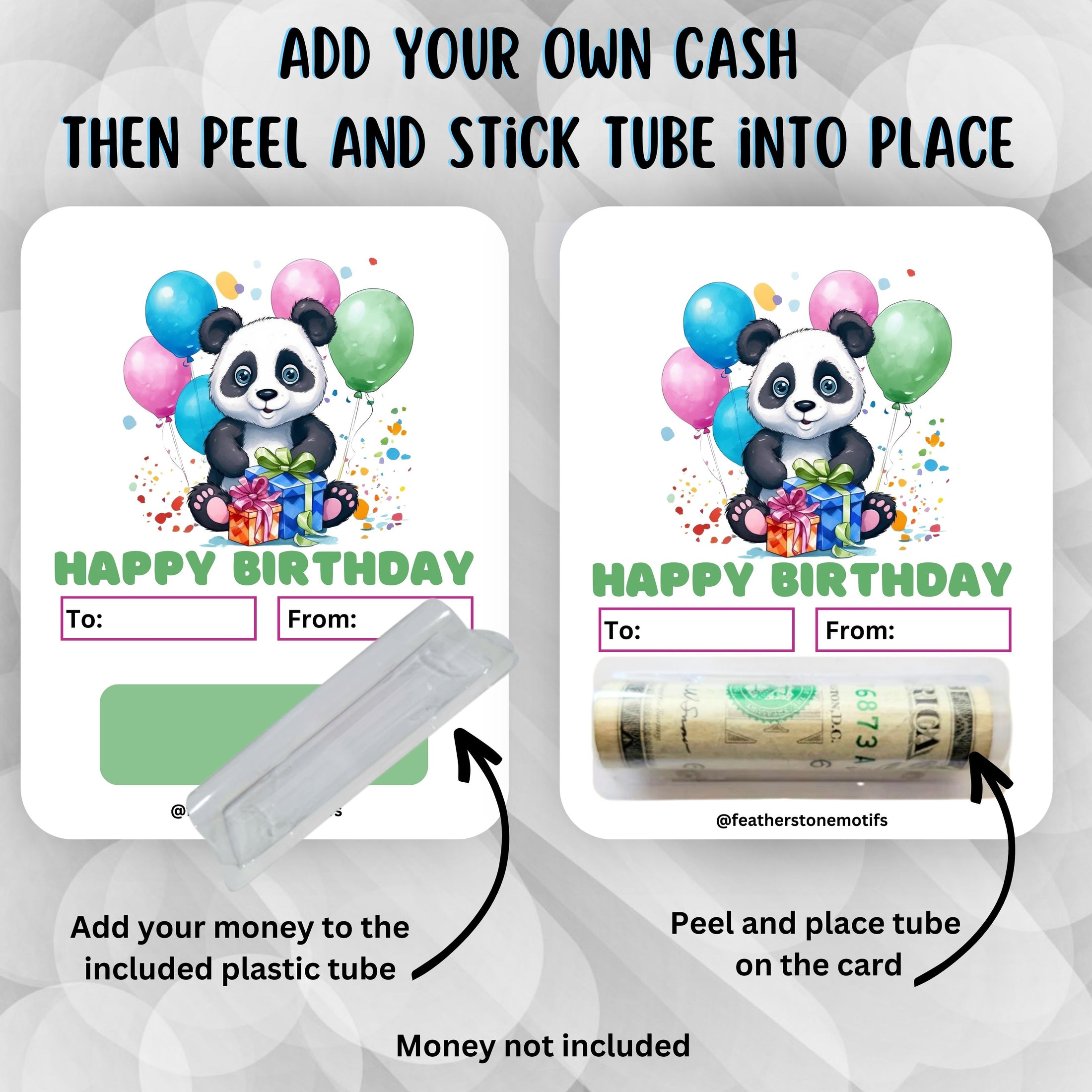 This image shows how to attach the money tube to the Panda Birthday Money Card.