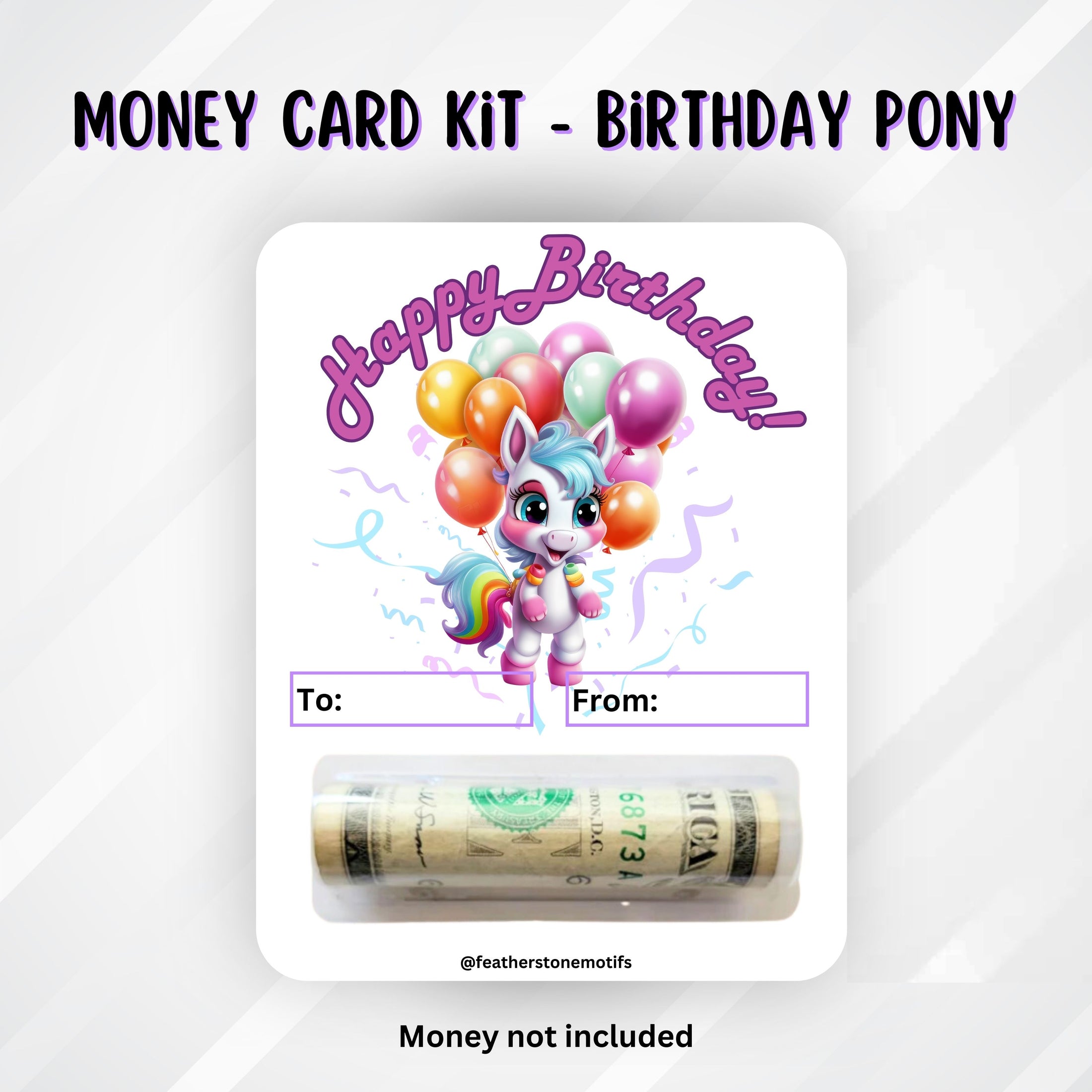 This image shows the money tube attached to the Birthday Pony money card.
