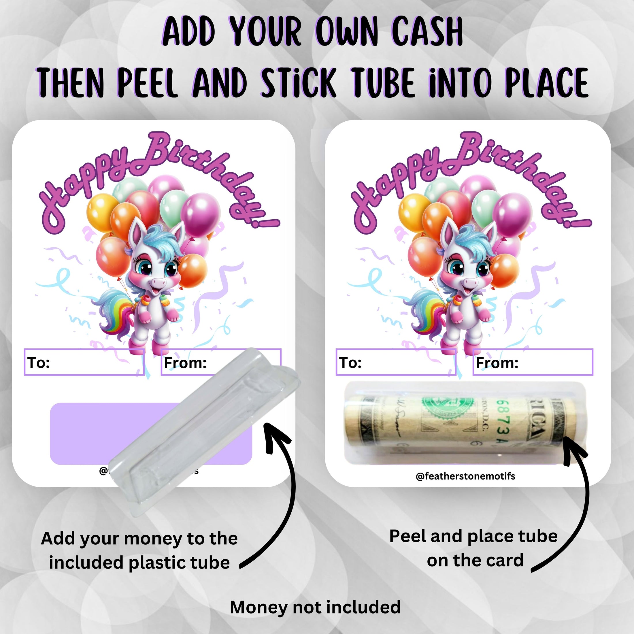 This image shows how to attach the money tube to the Birthday Pony money card.