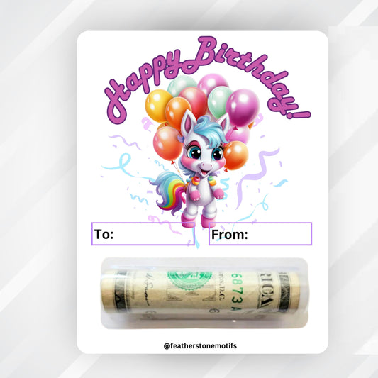 This image shows the money tube attached to the Birthday Pony money card.