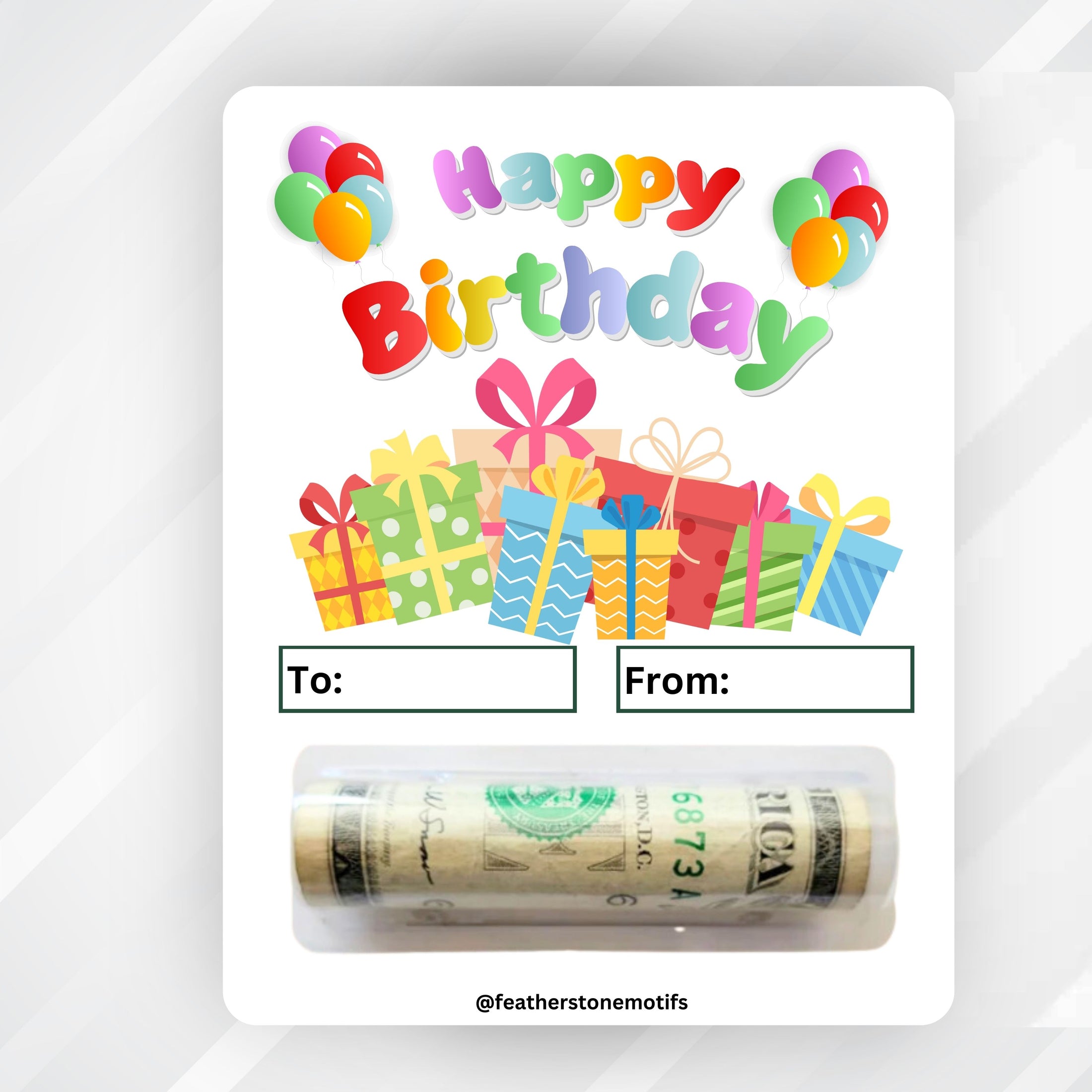 This image shows the money tube attached to the Birthday Presents Money Card.