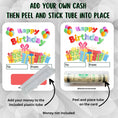 Load image into Gallery viewer, This image shows how to attach the money tube to the Birthday Presents Money Card.
