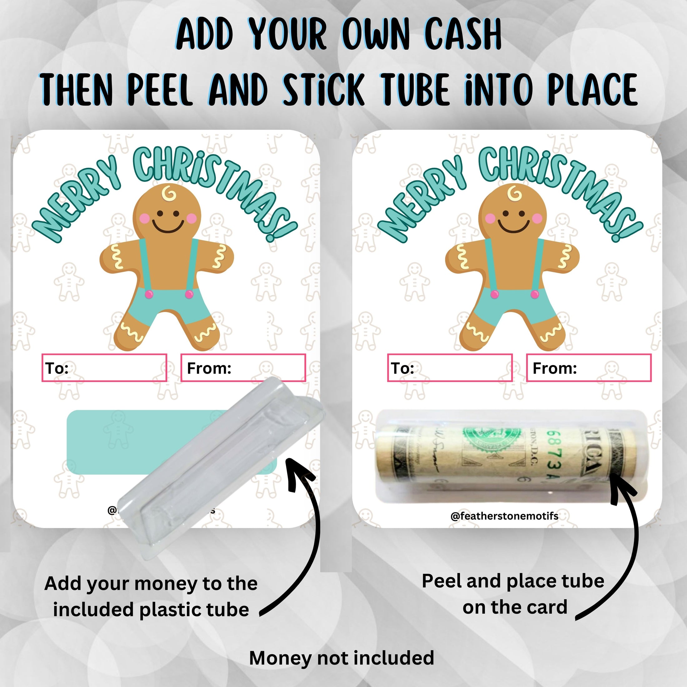 This image shows how to apply the money tube to the Blue Gingerbread Man money card.