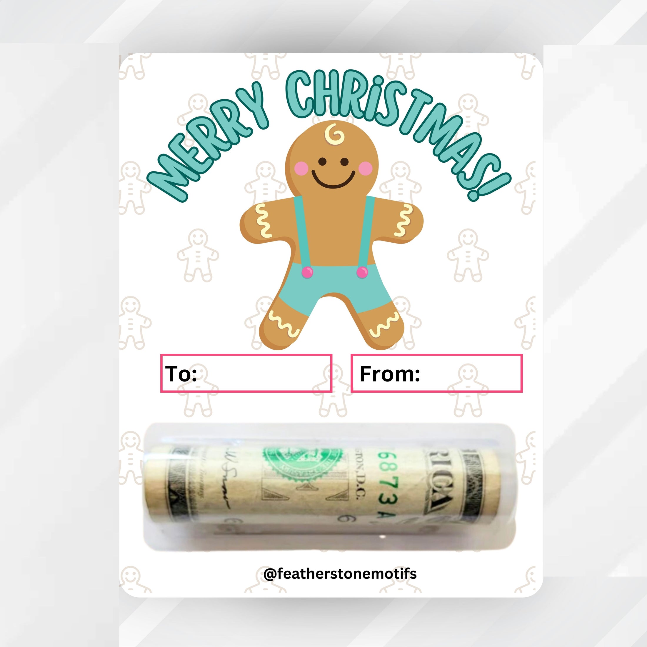 This image shows the money tube attached to the Blue Gingerbread Man money card.