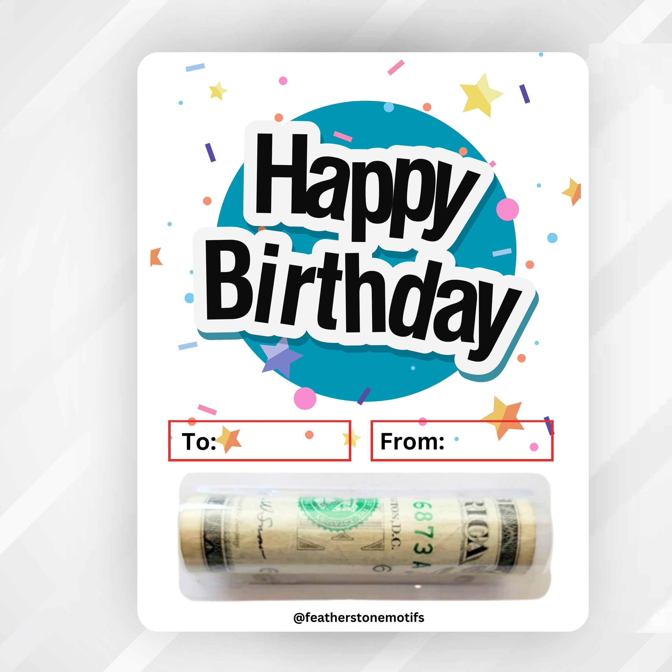 This image shows the money tube attached to the Blue Happy Birthday Money Card.