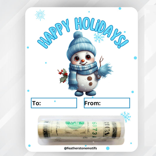 This image shows the Blue Snowman money card with the money tube attached.