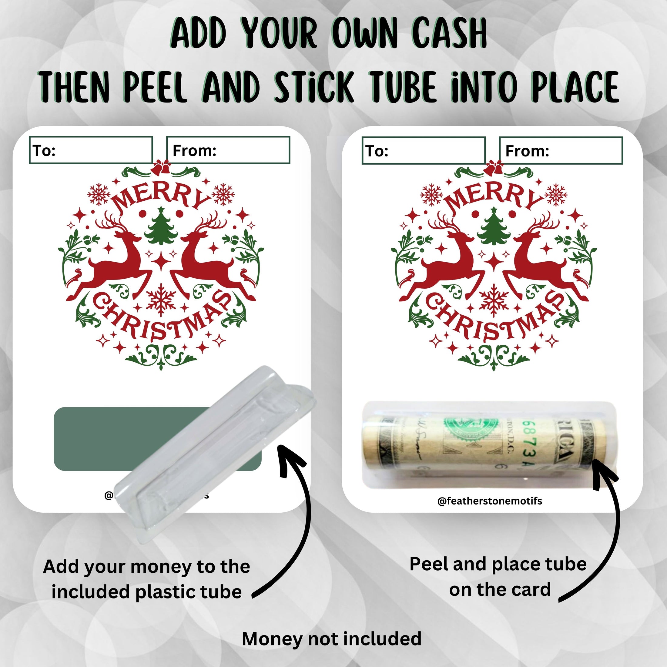 This image shows how to apply the money tube to the Christmas Deer money card.