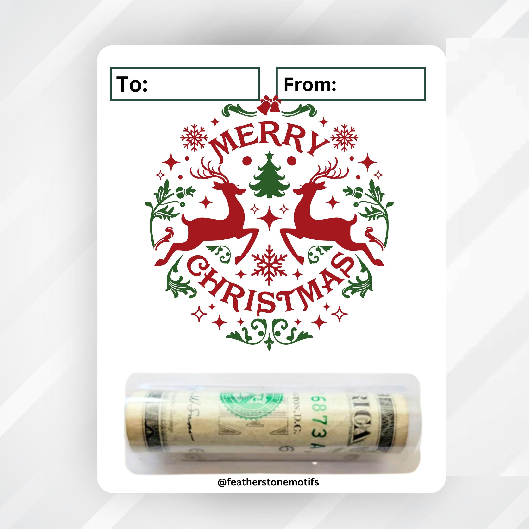 This image shows the money tube attached to the Christmas Deer money card.