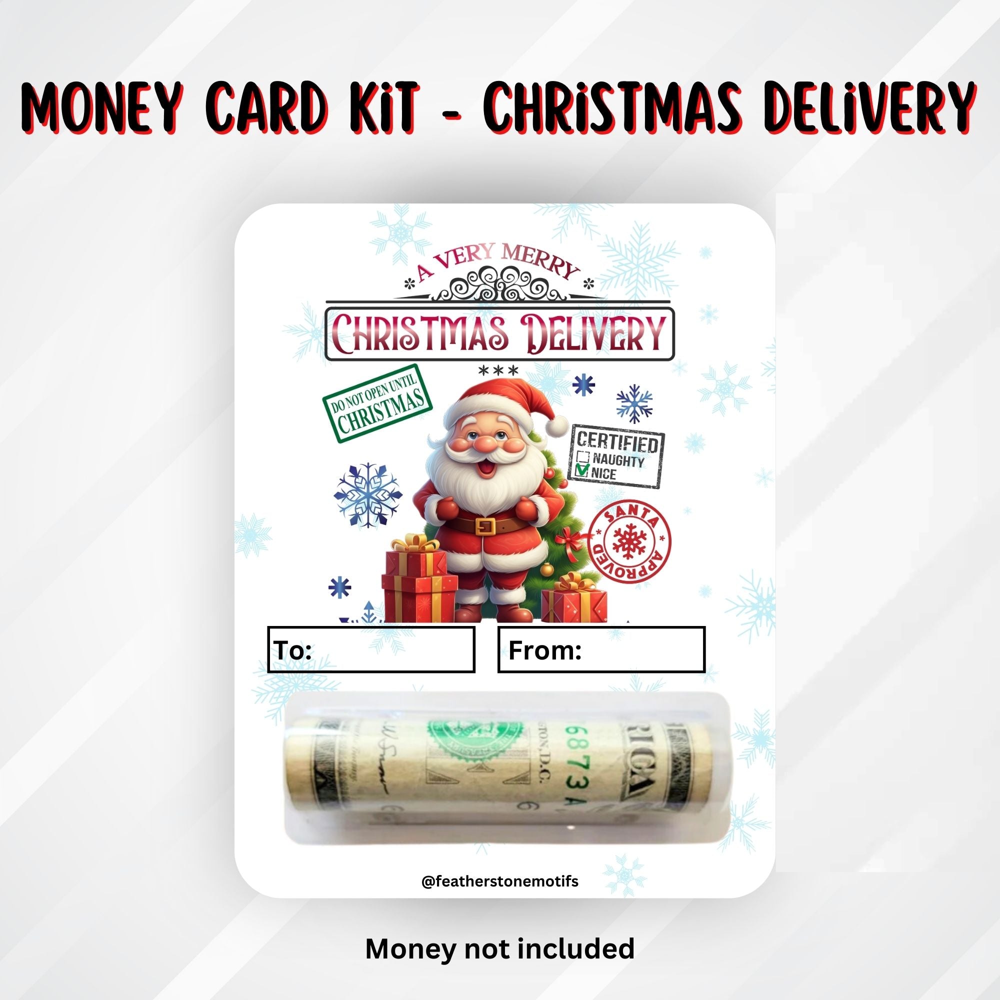 This image shows the money tube attached to the Christmas Delivery Money Card.