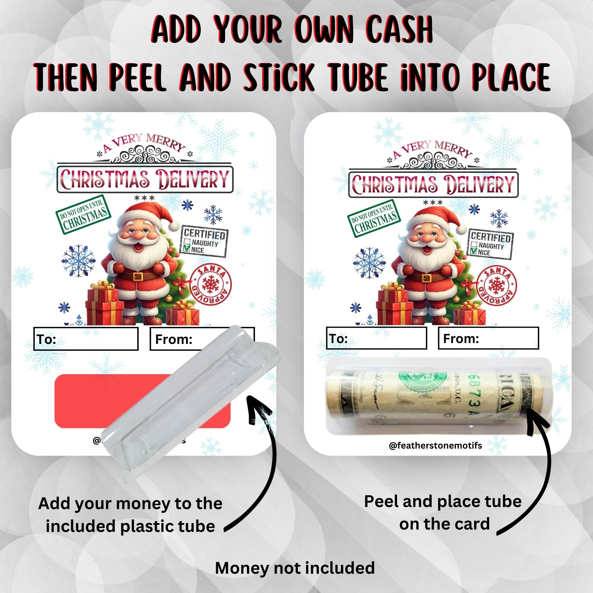 This image shows how to attach the money tube to the Christmas Delivery Money Card.