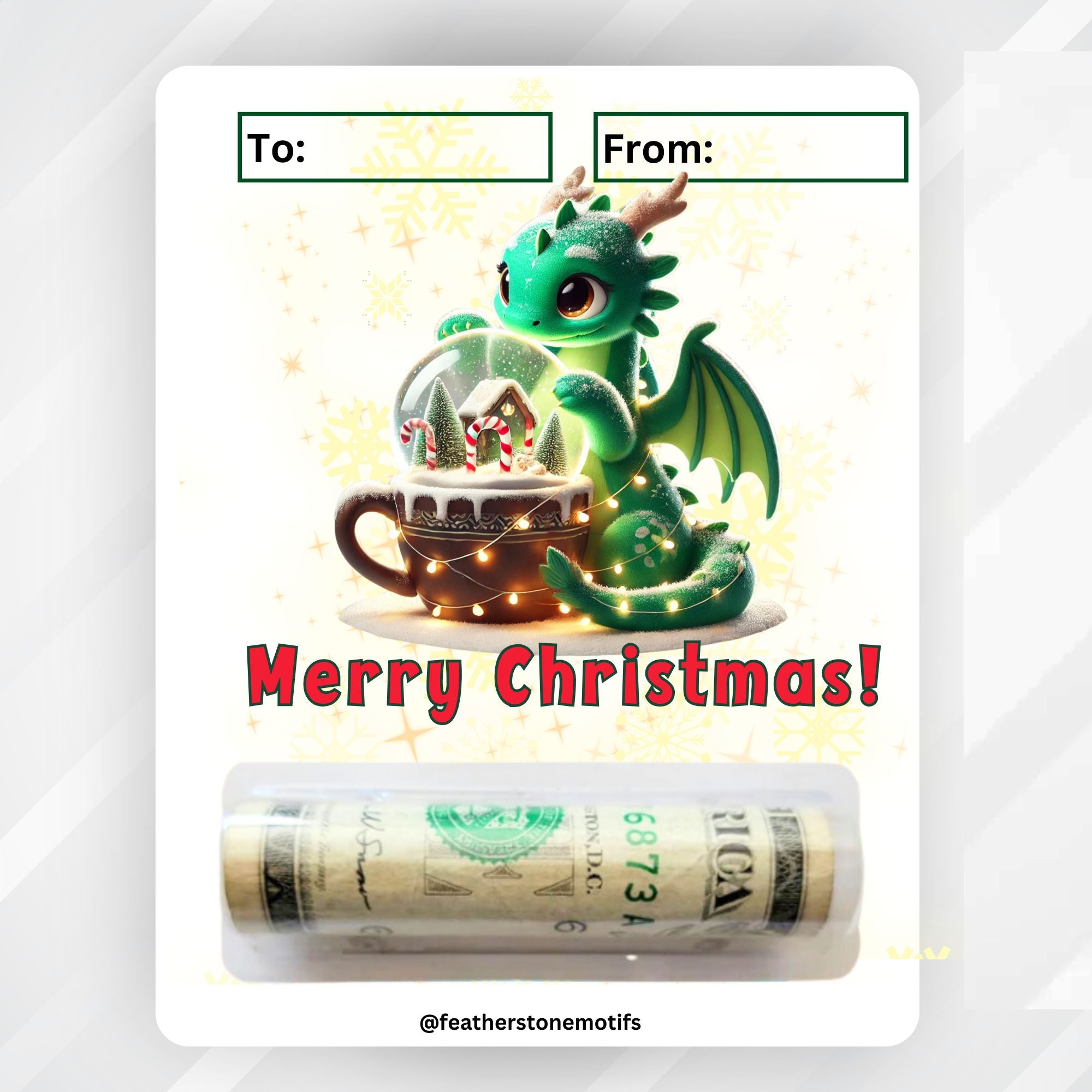 This image shows the money tube attached to the Christmas Dragon Money Card.