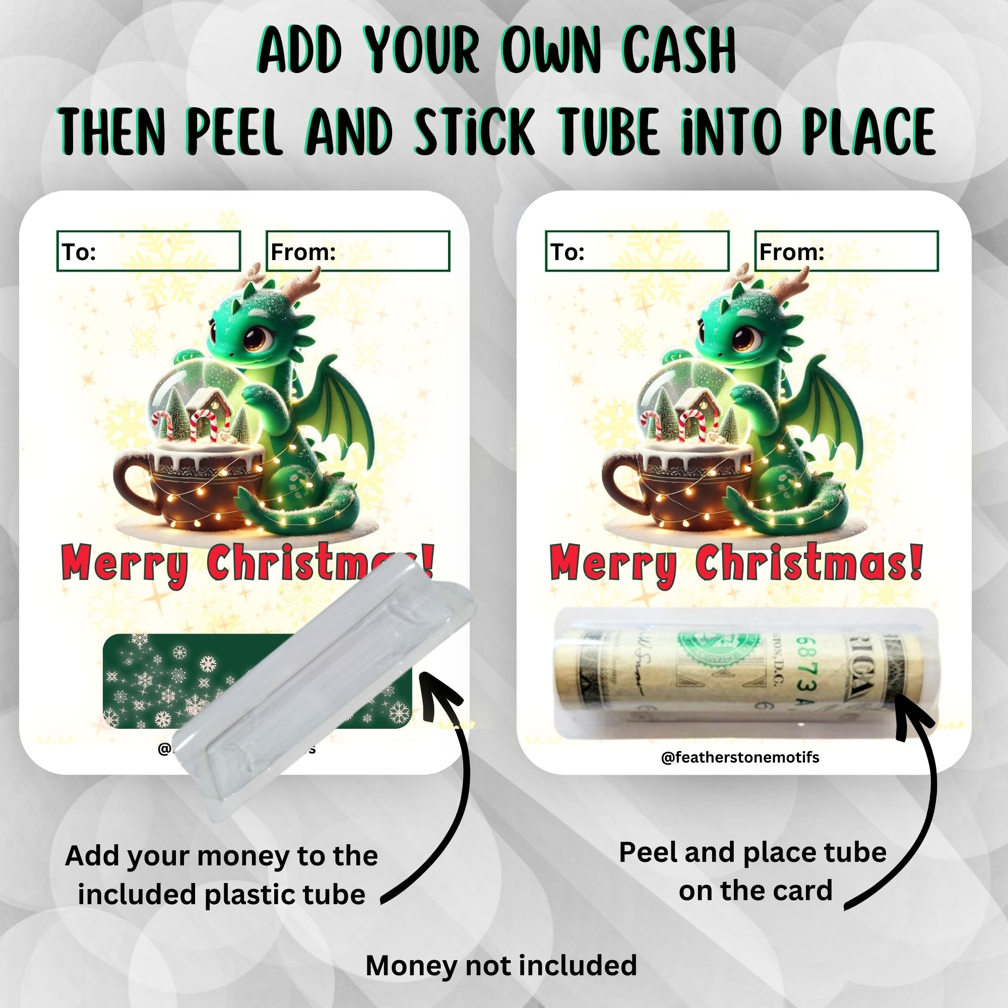 This image shows how to attach the money tube to the Christmas Dragon Money Card.