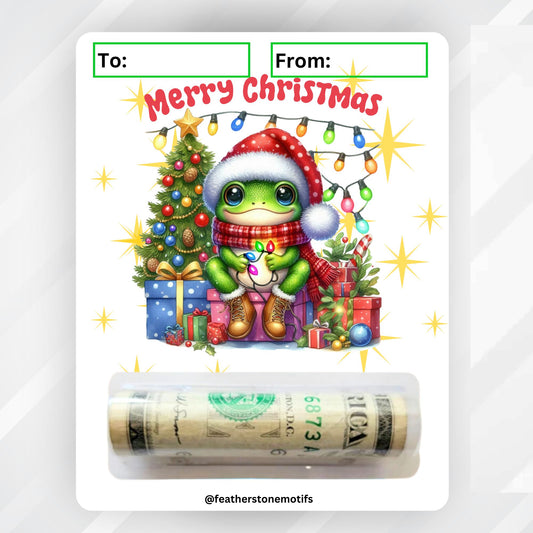 This image shows the money tube attached to the Christmas Frog Money Card.