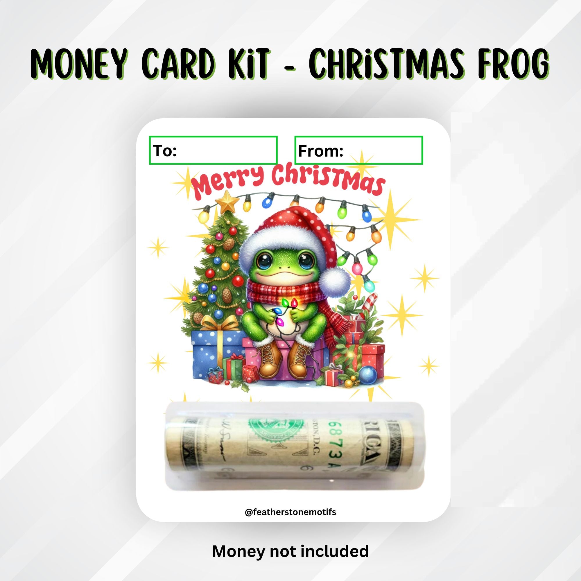 This image shows the money tube attached to the Christmas Frog Money Card.