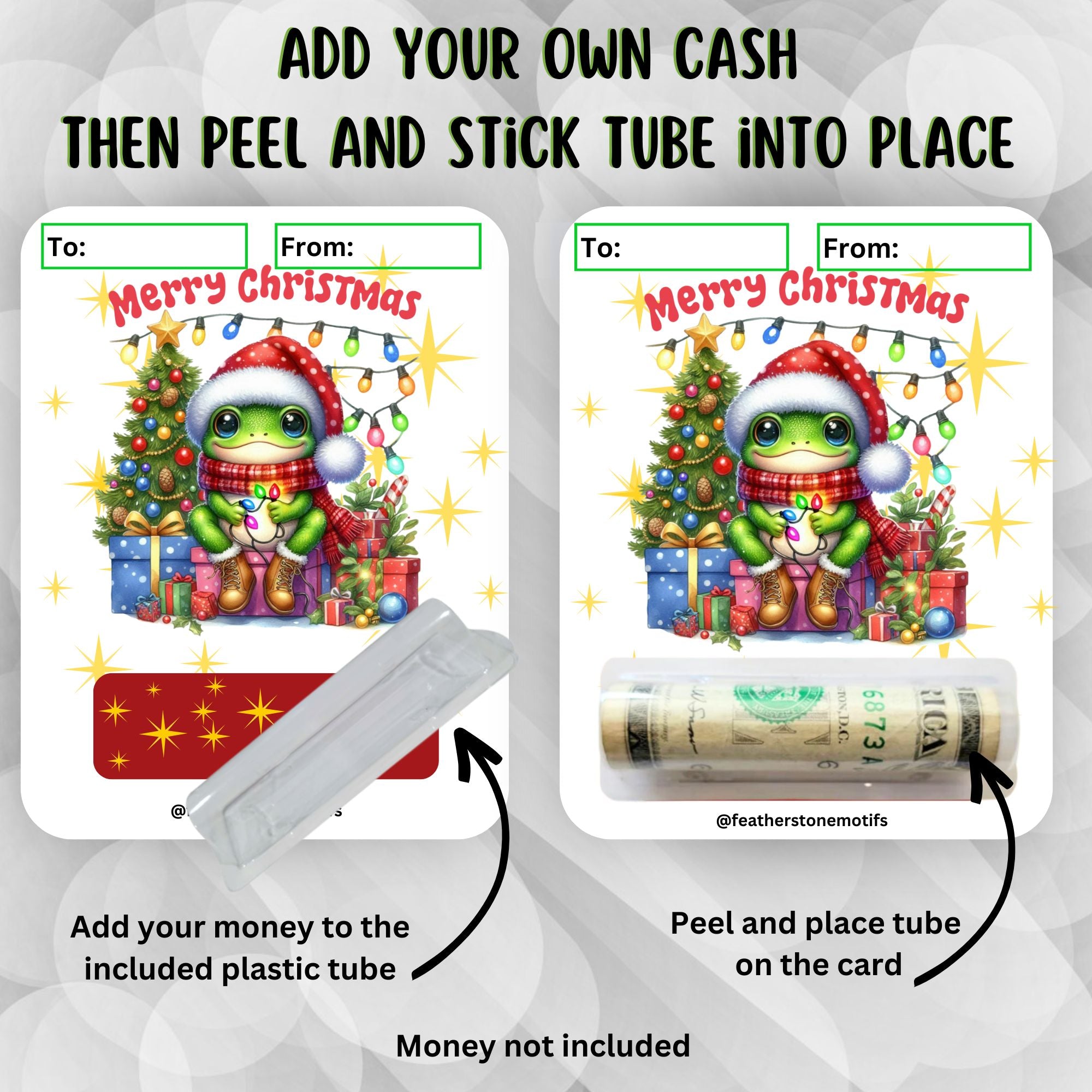 This image shows how to attach the money tube to the Christmas Frog Money Card.