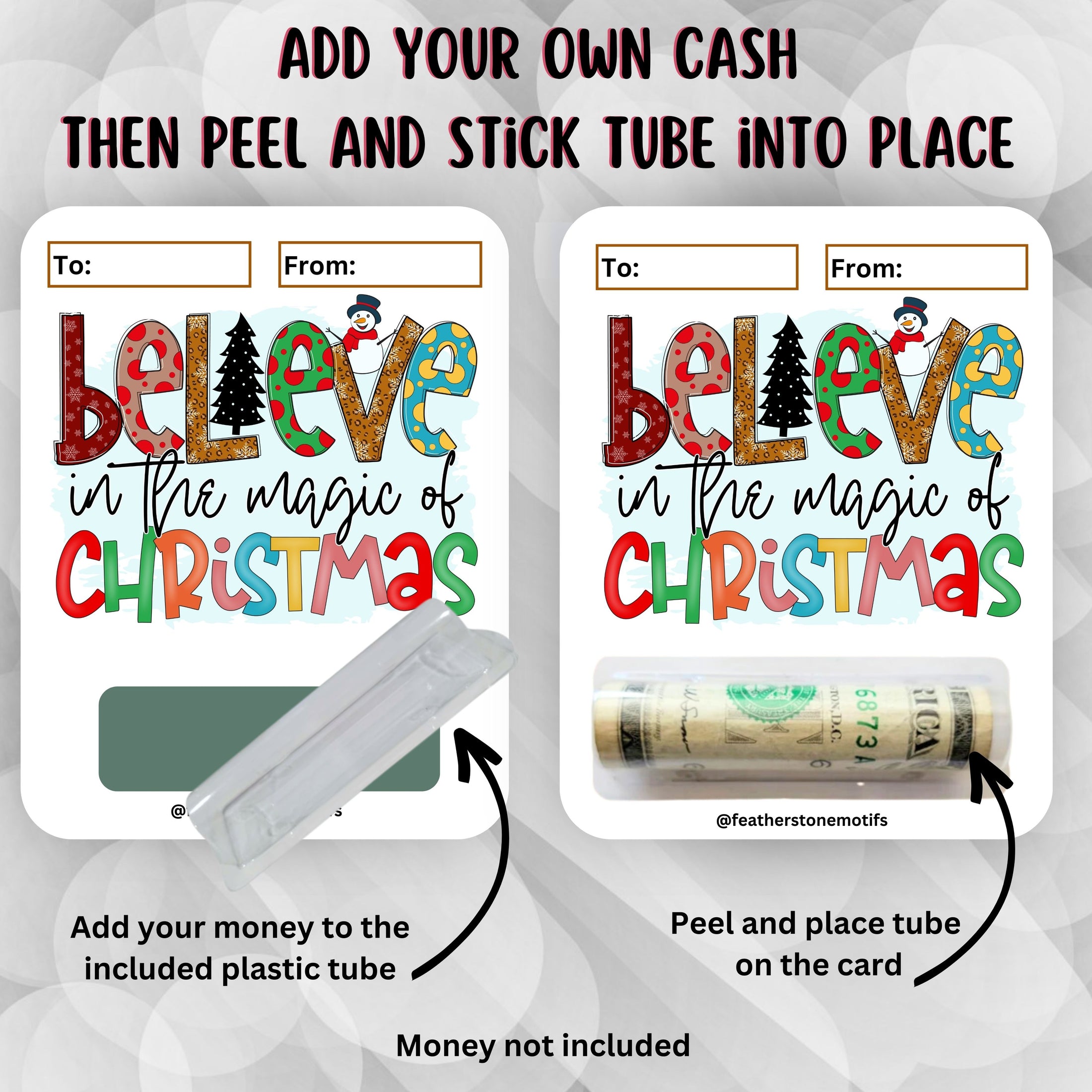 This image shows how to attach the money tube to the Christmas Magic Money Card.