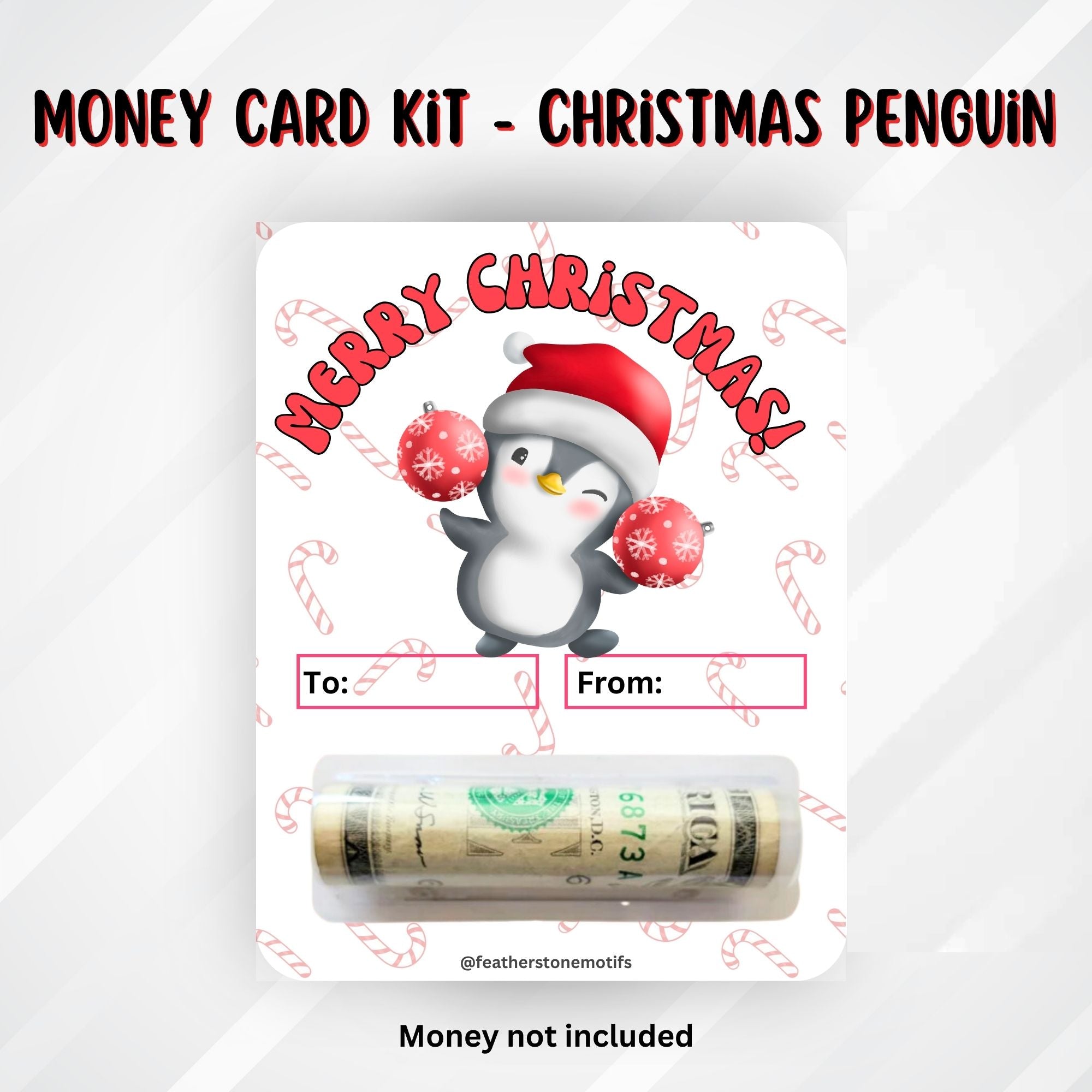 This image shows the money tube attached to the Christmas Penguin Money Card.