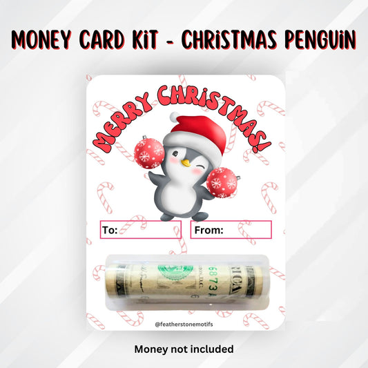 This image shows the money tube attached to the Christmas Penguin Money Card.