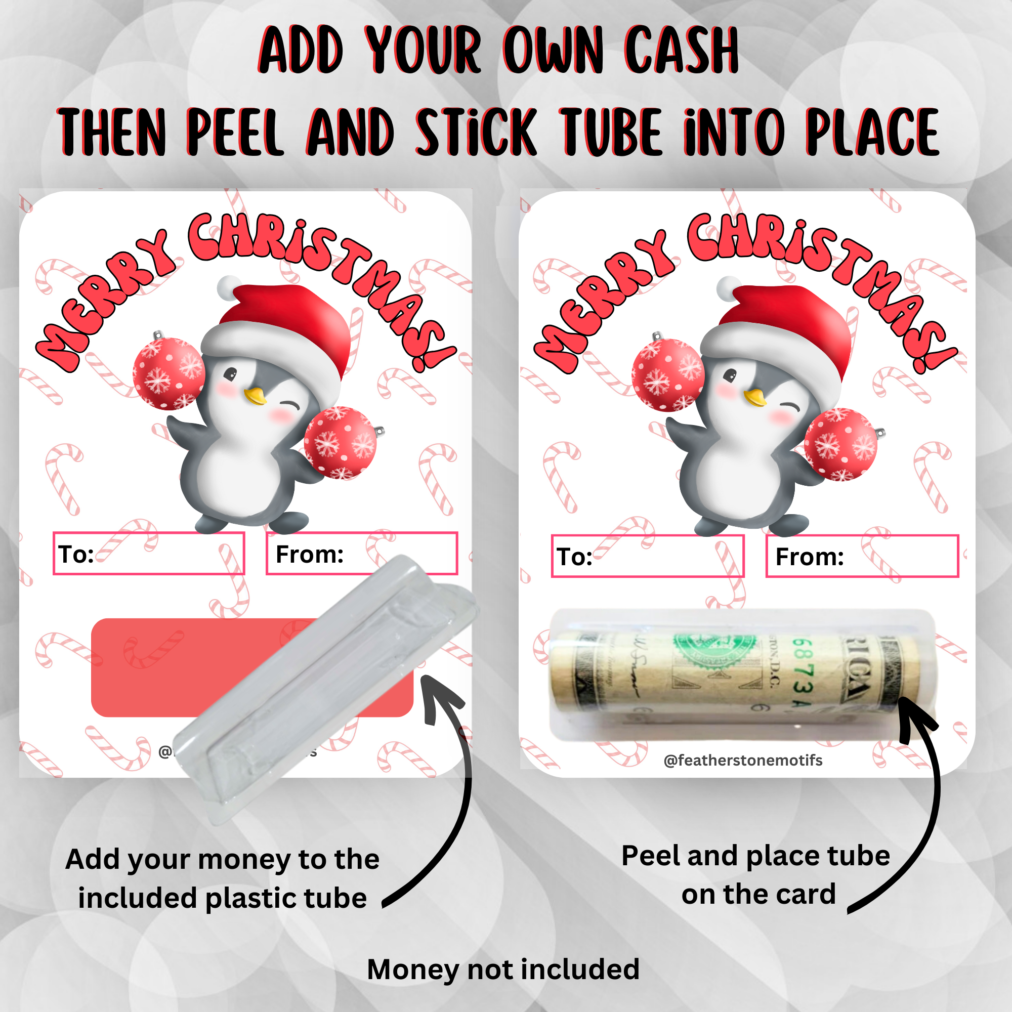 This image shows how to attach the money tube to the Christmas Penguin Money Card.