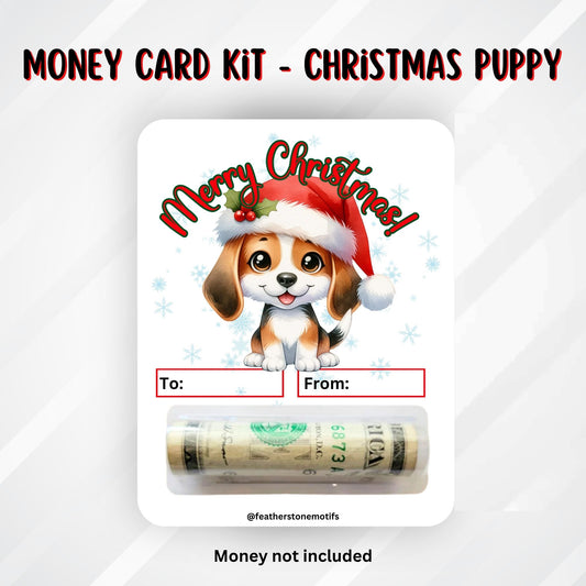 This image shows the money tube attached to the Christmas Puppy Money Card.