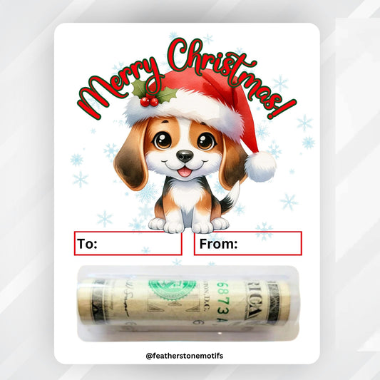 This image shows the money tube attached to the Christmas Puppy Money Card.