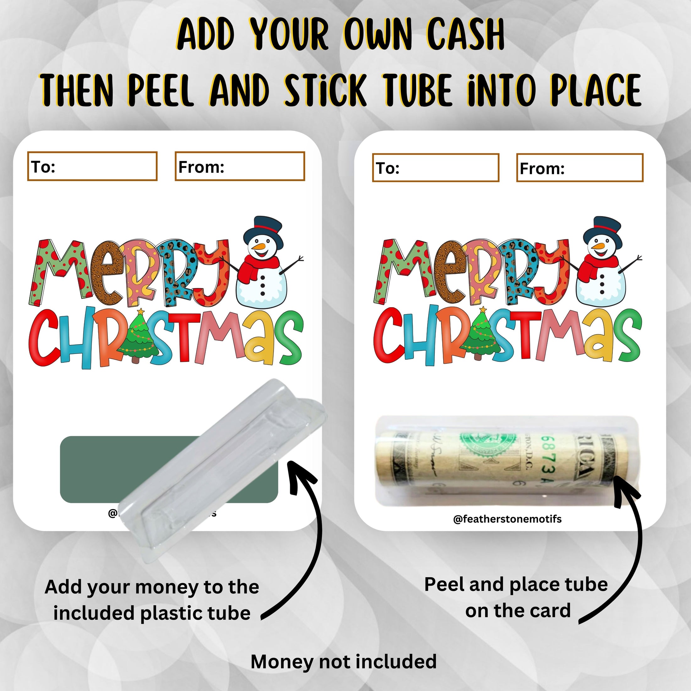 This image shows how to attach the money tube to the Christmas Snowman Money Card.