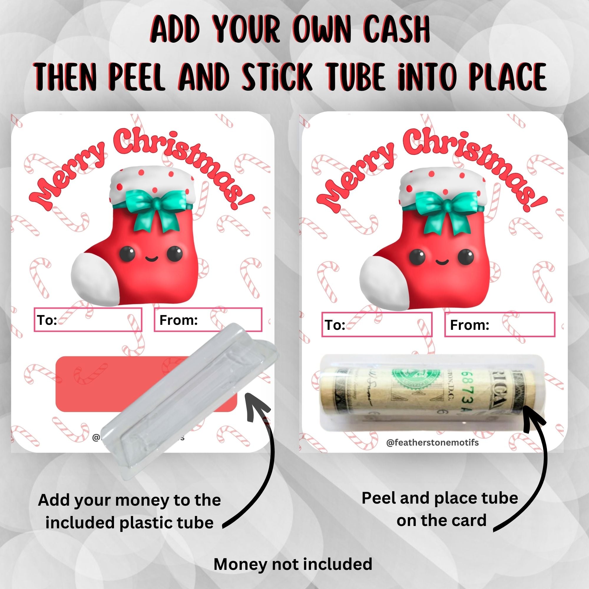 This image shows how to attach the money tube to the Christmas Stocking Money Card.