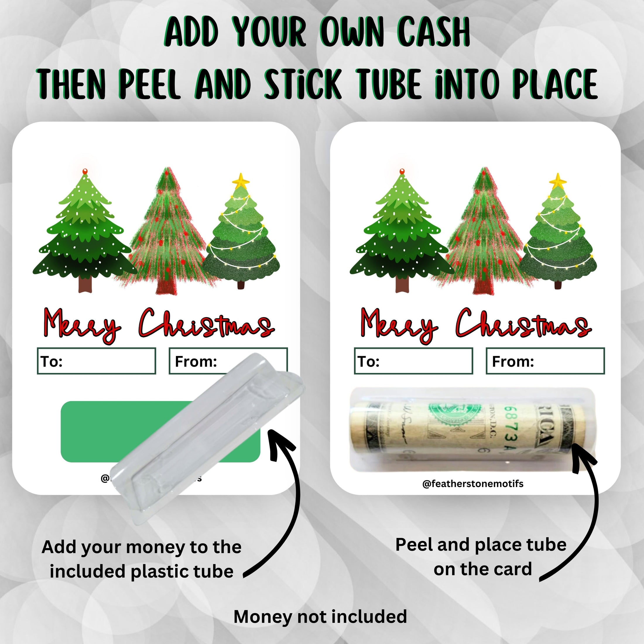 This image shows how to attach the money tube to the Christmas Trees Money Card.