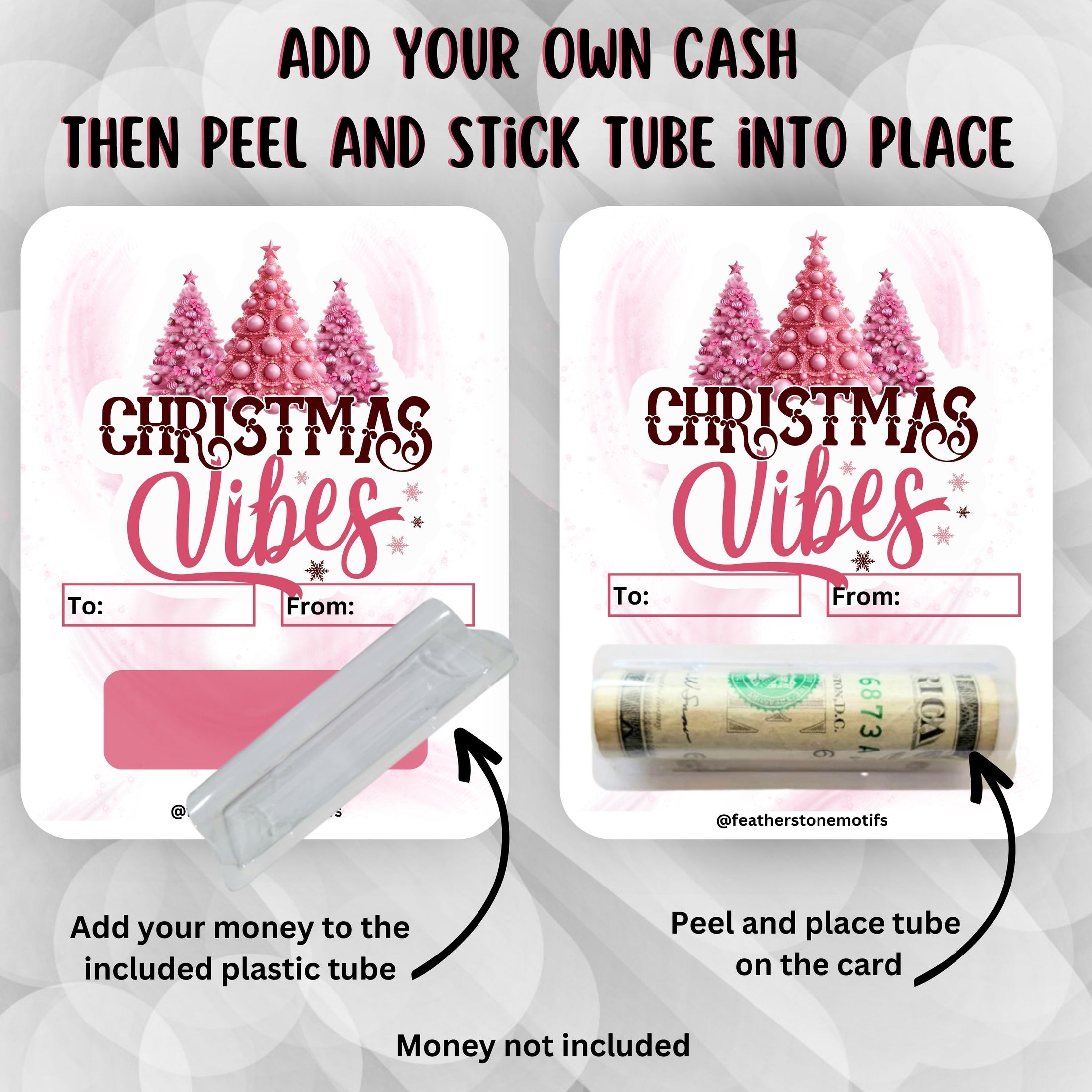 This image shows how to attach the money tube to the Christmas Vibes money card.