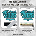 Load image into Gallery viewer, This image shows how to attach the money tube to the Class of 2025 Graduation Money Card Kit.
