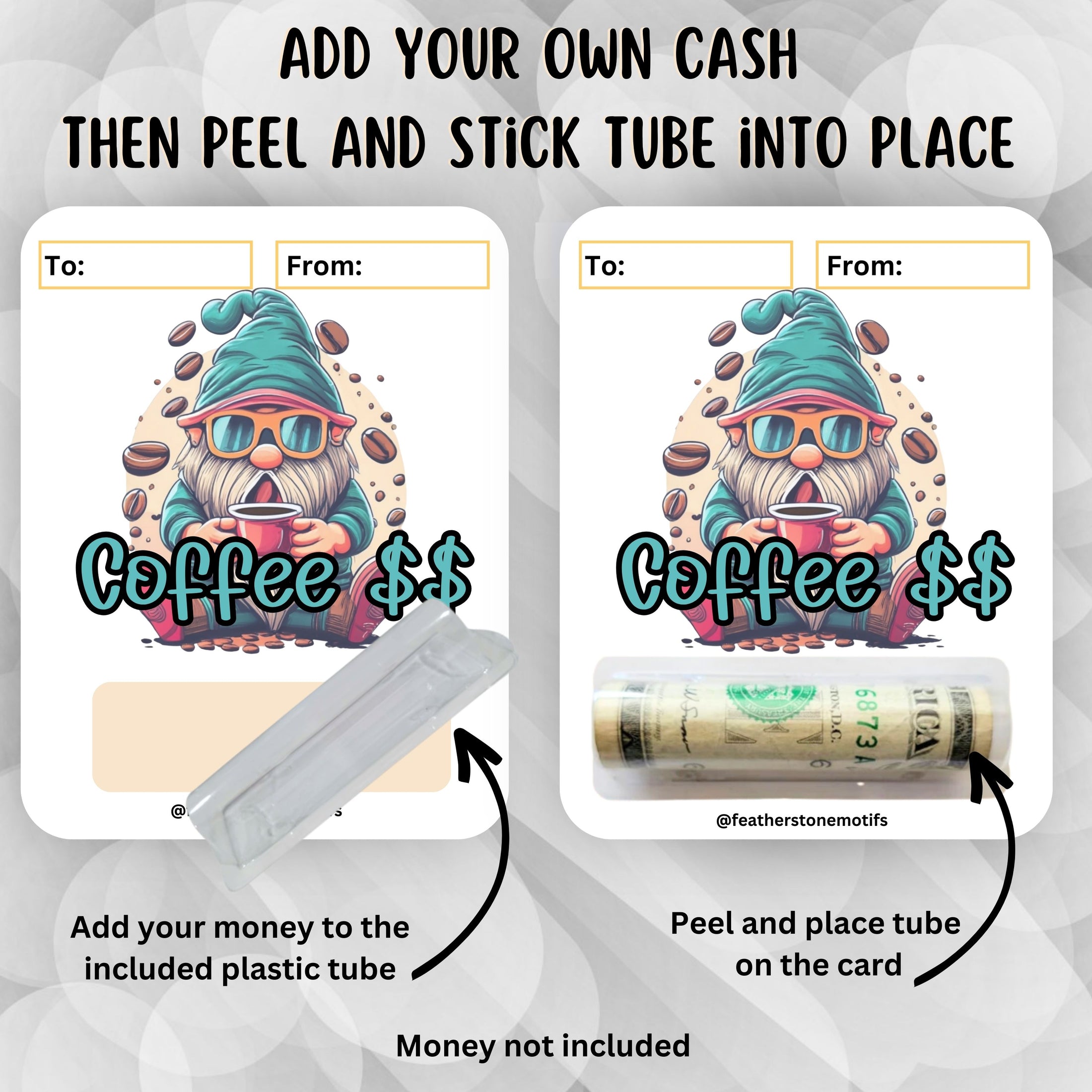 This image shows how to attach the money tube to the Coffee Gnome Money Card.