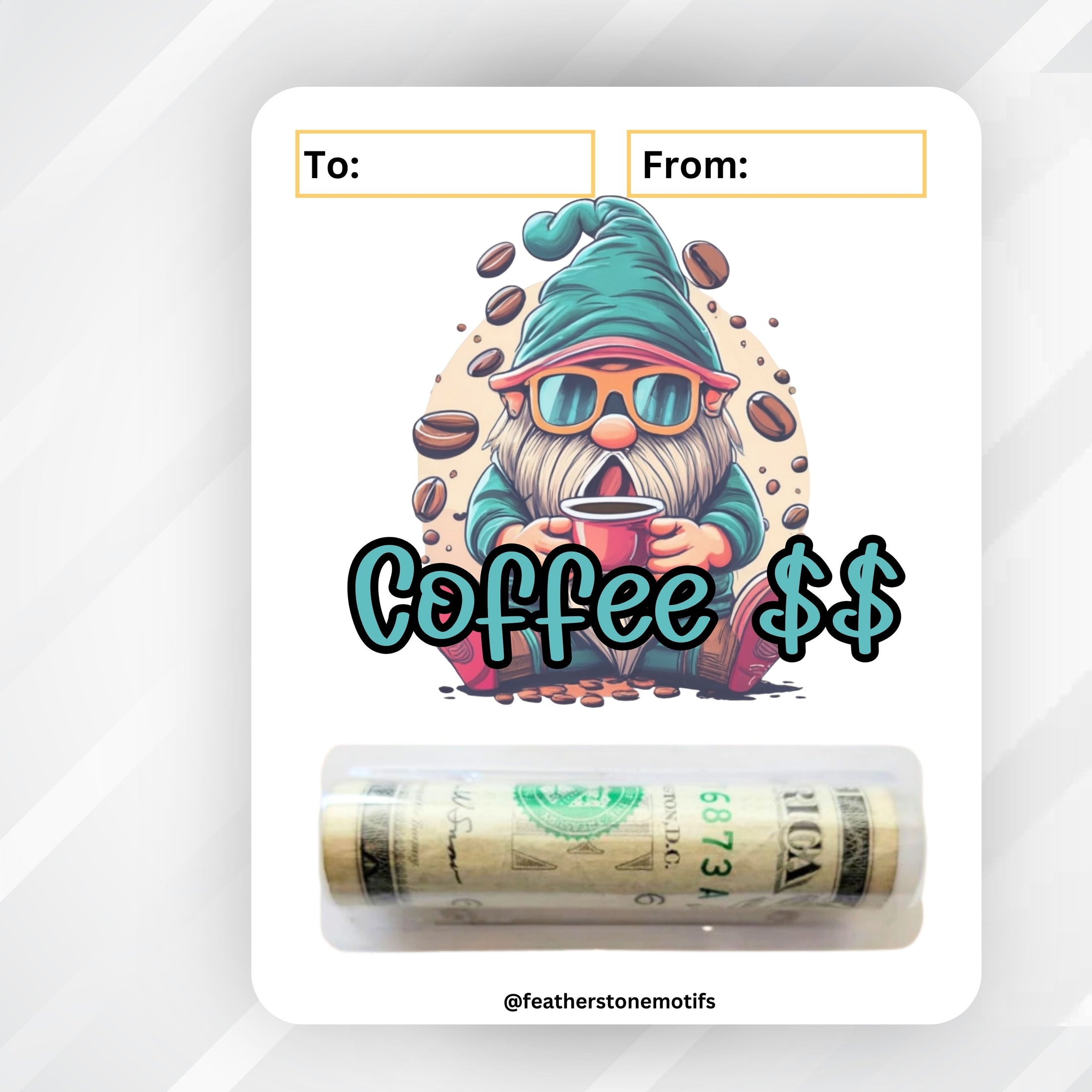 This image shows the money tube attached to the Coffee Gnome Money Card.