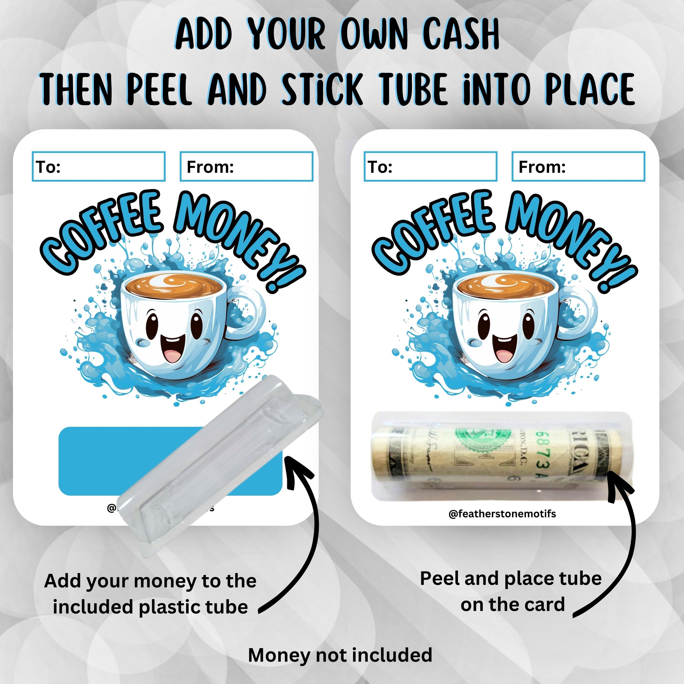 This image shows how to attach the money tube to the Coffee Money Card.