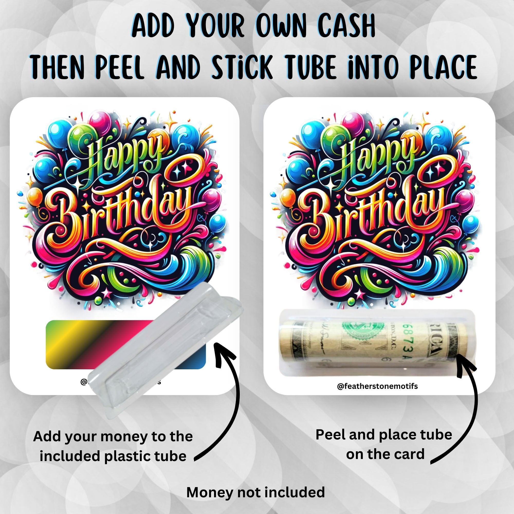 This image shows how to attach the money tube to the Birthday Color Explosion! Card Kit.