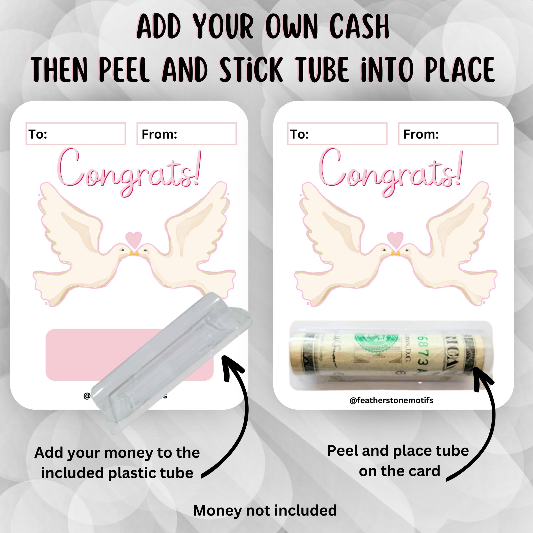 This image shows how to attach the money tube to the Congrats! Money Card.