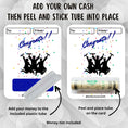 Load image into Gallery viewer, This image shows how to attach the money tube to the Congrats Grad Blue Graduation Money Card Kit.
