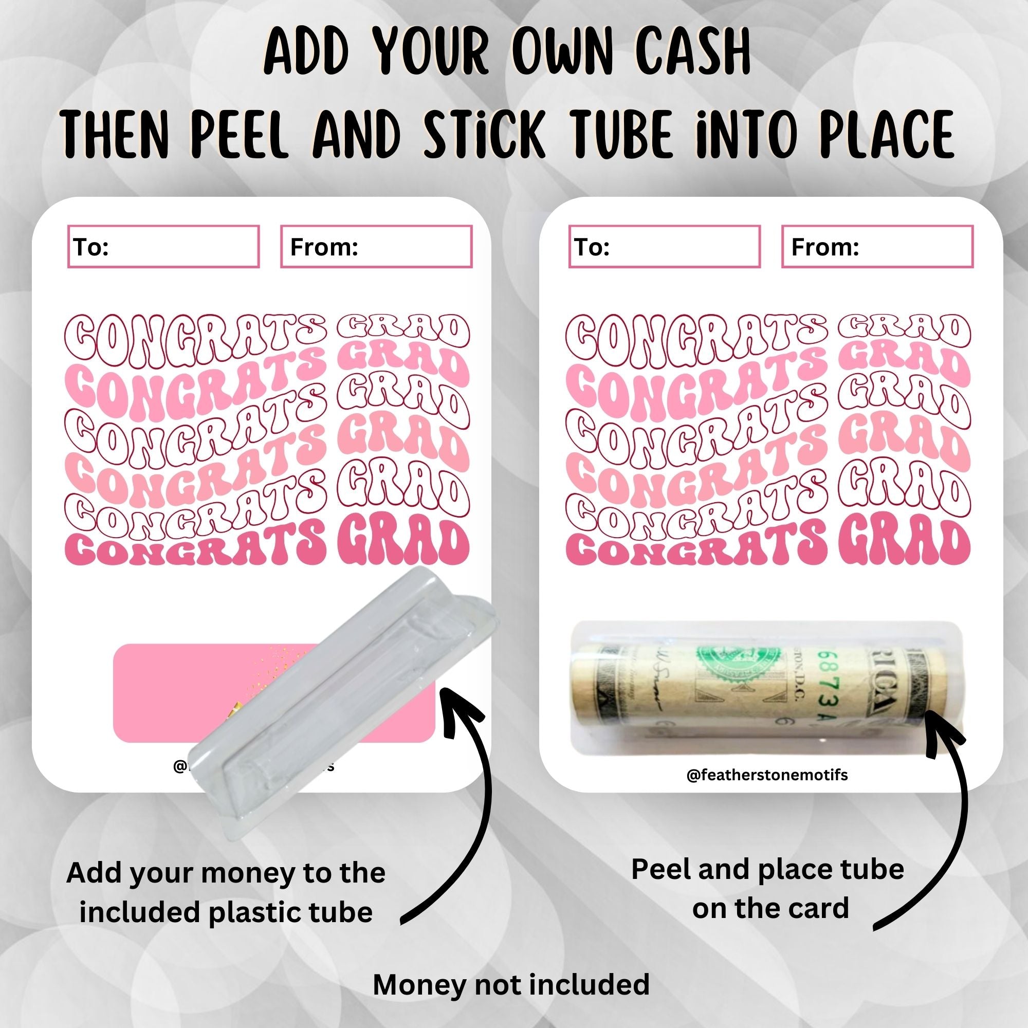 This image shows how to attach the money tube to the Congrats Grad money card.