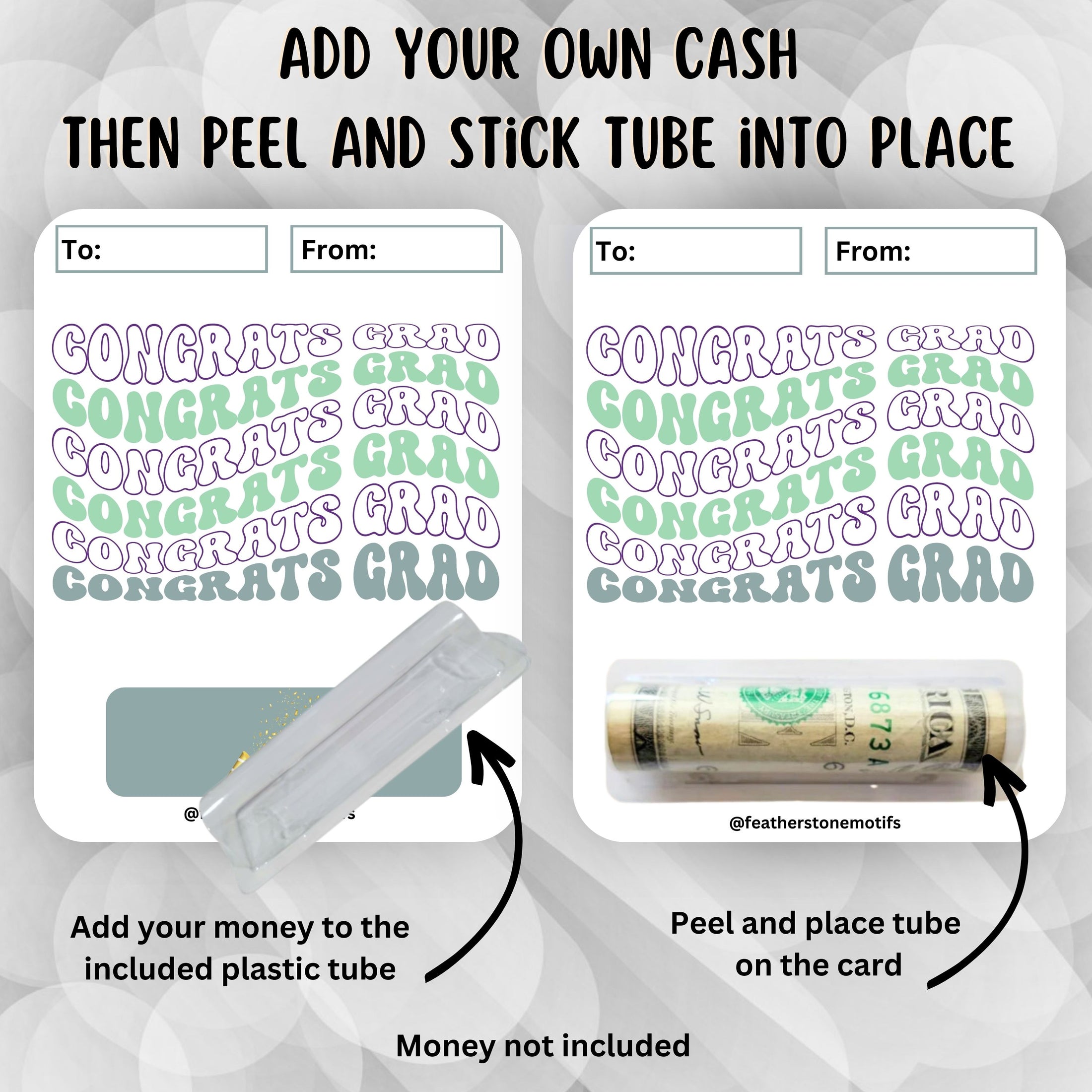 This image shows how to attach the money tube to the Green Congrats Grad Money Card.