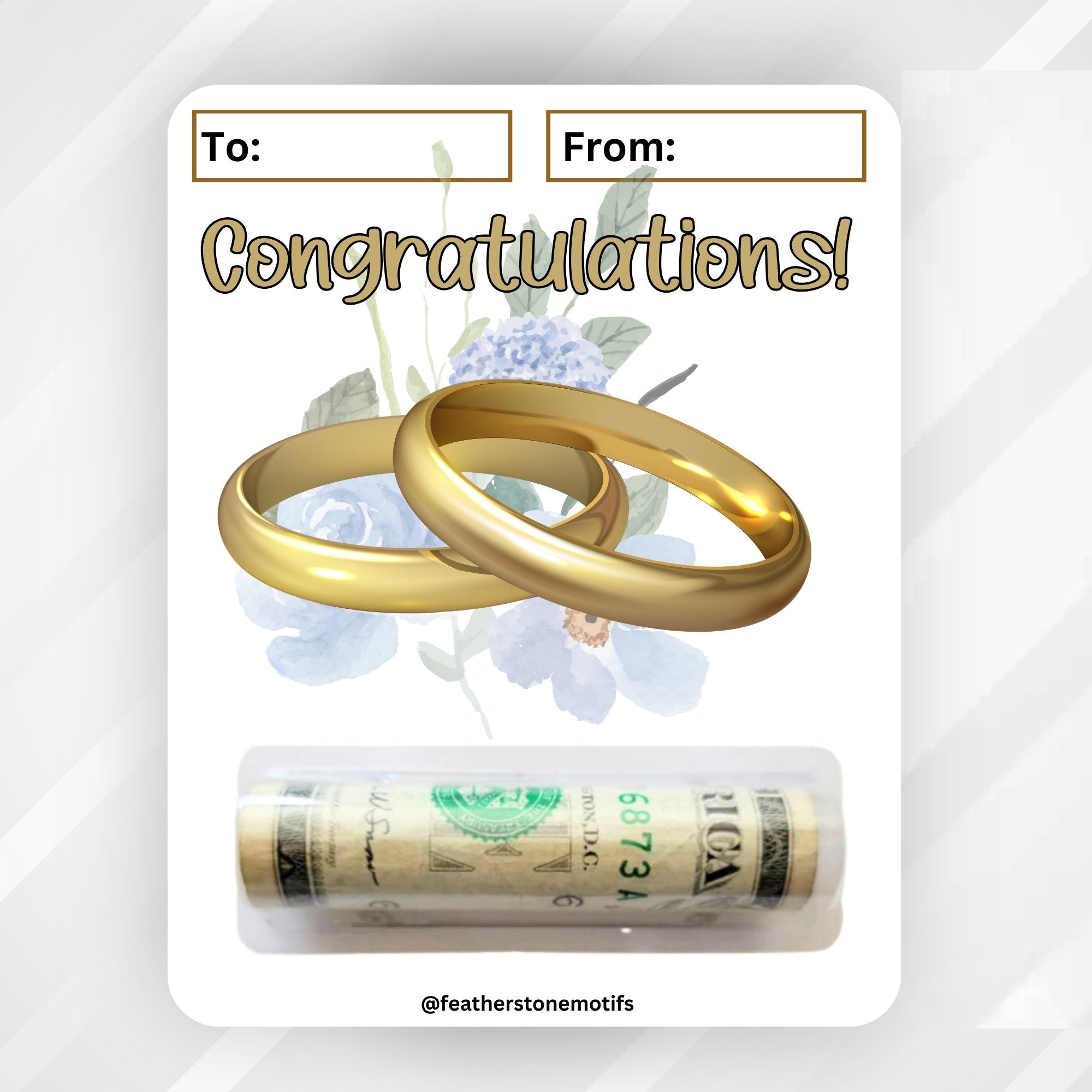 This image shows the money tube attached to the Congratulations Gold Rings Money Card Kit.