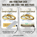 Load image into Gallery viewer, This image shows how to attach the money tube to the Congratulations Gold Rings Money Card Kit.
