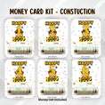 Load image into Gallery viewer, This image shows all six of the Construction Birthday Money Card sets with money tubes attached.
