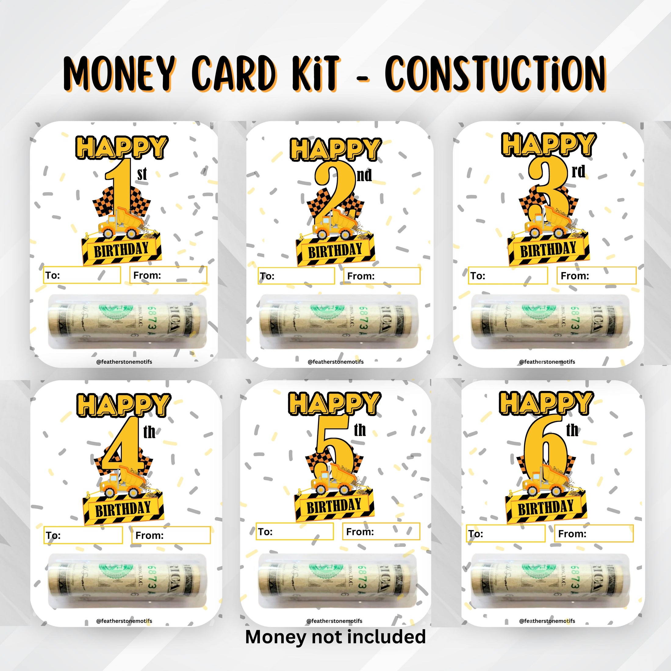This image shows all six of the Construction Birthday Money Card sets with money tubes attached.
