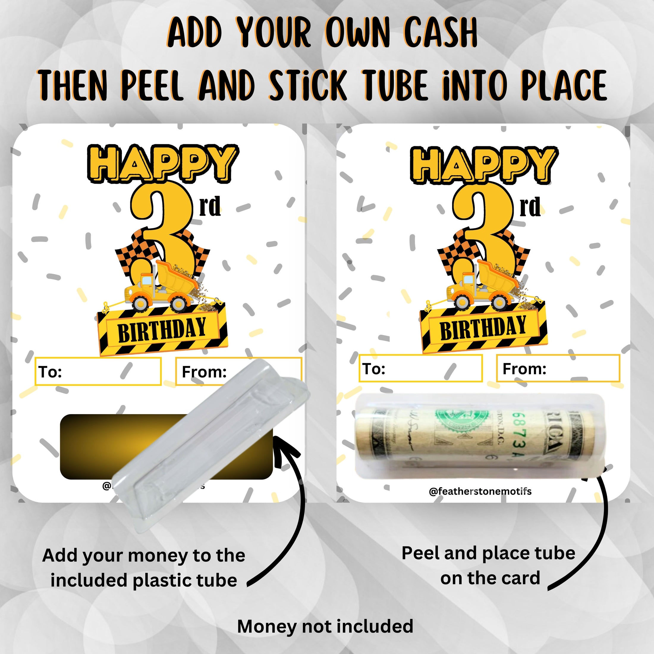 This image shows how to attach the money tube to the Construction Birthday Money Card.