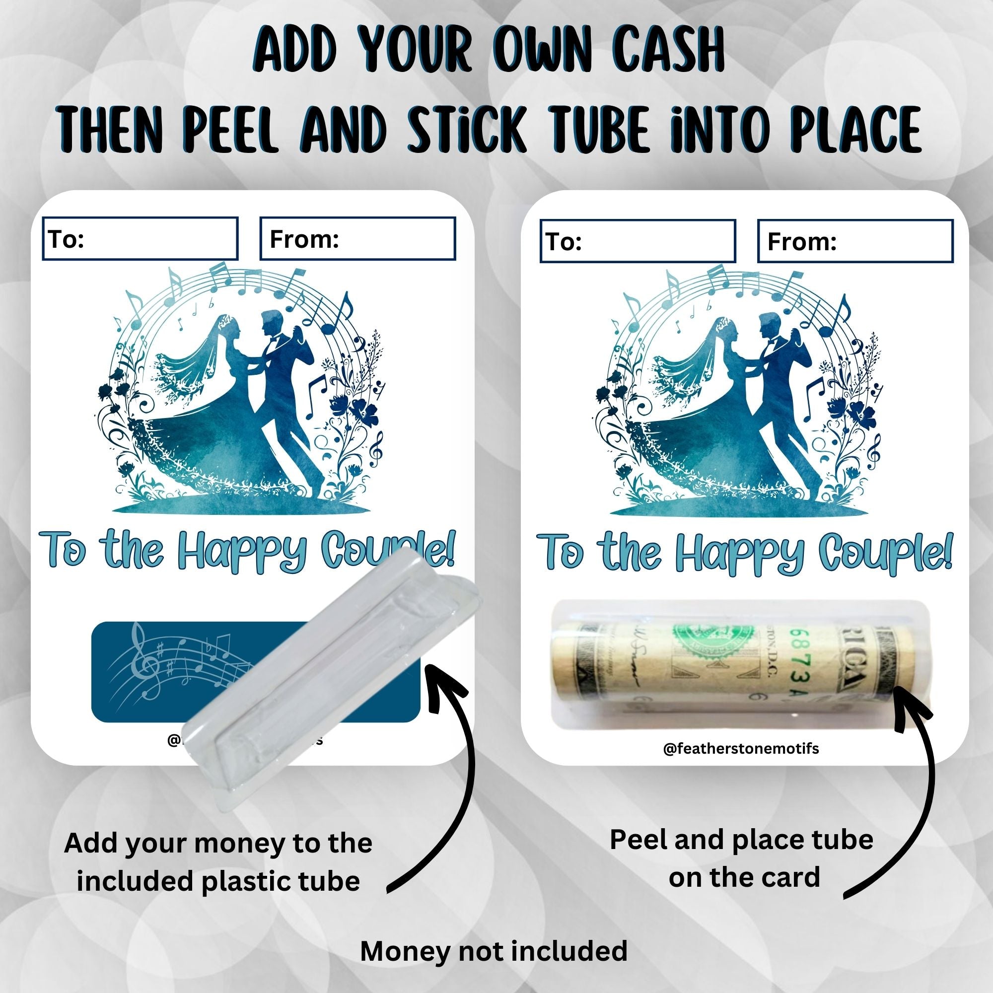 This image shows how to attach the money tube to the Dancing Couple Money Card Kit.